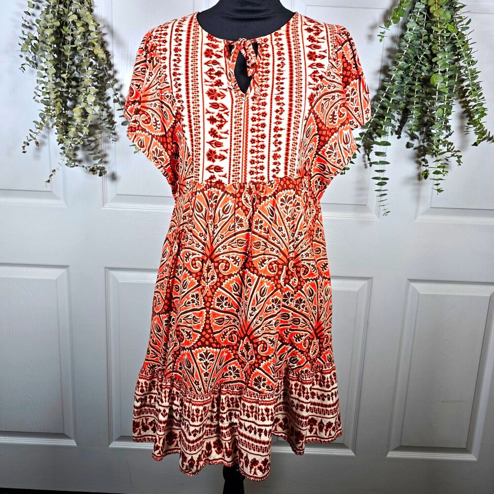 Knox Rose Orange Floral Tie Neck A-Line Knee Dress Pockets Short Sleeve M
